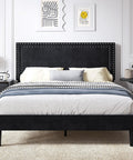 Full Size Platform Bed Frame With Height Adjustable Tufted Upholstered Headboard Modern Mattress Foundation Heavy Duty Wooden Slats No Box Spring Needed Zero Hassle Setup Jet Black with decorative pillows and nightstand.