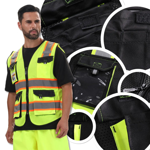 Stay Cool And Look Sharp Working Outdoors With This No Sweat High Reflective Mesh Vest Designed For Heavy Duty Days Featuring Super Light Breathable Fabric That Delivers Maximum Visibility All Day showing front view, pockets, and mesh detail.