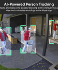 No Sweat Solar Security Camera captures crisp 2K video of a person with luggage on a porch, showcasing AI tracking feature.