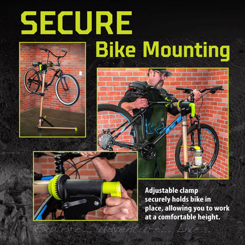Heavy Duty Bicycle Repair Stand with 100 lb capacity and foldable aluminum frame holding bike in workshop setting.