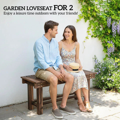 Couple sitting on 35.4 Inch Wooden Garden Bench With Storage Shelf For Patio And Balcony Two Seater Outdoor Bench In Carbonized Wood