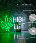 Dimmable LED Neon Sign For Marijuana And Cannabis Wall Decor With Flexible Silicone Light Strips, "High Life," USB Powered