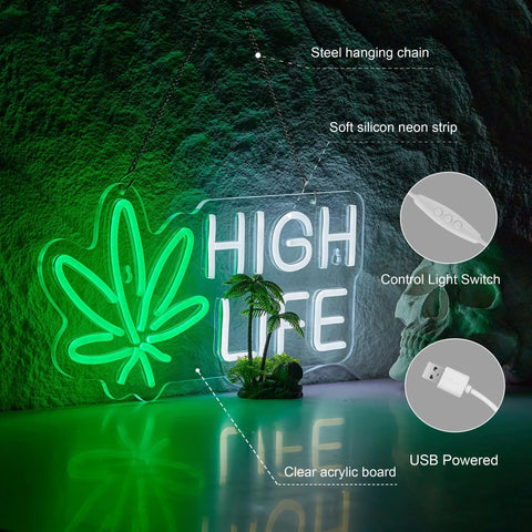 Dimmable LED Neon Sign For Marijuana And Cannabis Wall Decor With Flexible Silicone Light Strips, "High Life," USB Powered