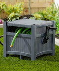 Hose Hideaway Storage Reel Box in Cyberspace Grey for outdoor use, durable resin, tangle-free, holds 100 feet of 5/8 inch vinyl hose