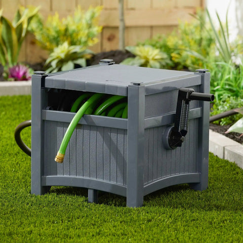 Hose Hideaway Storage Reel Box in Cyberspace Grey for outdoor use, durable resin, tangle-free, holds 100 feet of 5/8 inch vinyl hose