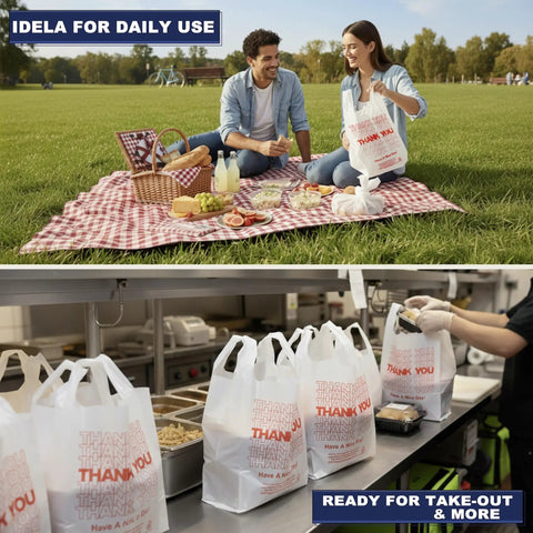 White Thank You Plastic Grocery Bags 11 By 6 By 21 Inches 100 Pack used for picnic and kitchen takeout.