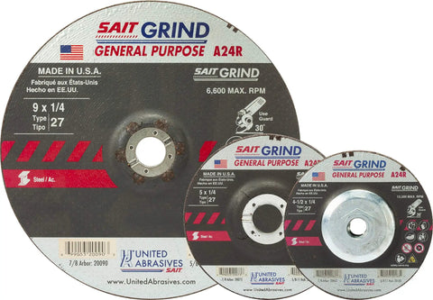 Long Life All Purpose Grinding Wheel Type 27 Depressed Center For Ferrous Metals Like Iron Steel And Welds, 4.5x0.25x0.875in, 25 Pack.