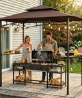 8x5 Grill Gazebo All Weather Outdoor BBQ Canopy With Steel Frame Two Shelves And Utensil Organizer Bottle Opener Rustproof Patio Shelter For Backyard Grilling Year Round on wooden deck