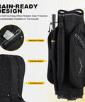 15 Way Golf Cart Bag With Divider Top, Easy Access Handles, Rain Cover, and Full Club Organization on the course, shown with umbrella.