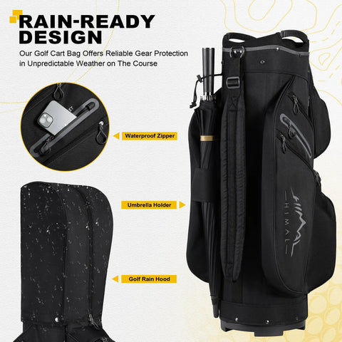 15 Way Golf Cart Bag With Divider Top, Easy Access Handles, Rain Cover, and Full Club Organization on the course, shown with umbrella.