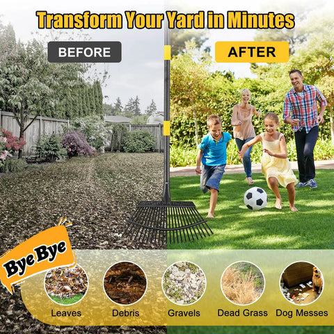 Before and after view of yard cleaned with Beast Heavy Duty Metal Garden Leaf Rake 18 Inch Wide Head With 65 Inch Adjustable Handle.