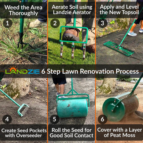 Landzie 6 step lawn renovation process with heavy duty lawn leveling rake with a 36 inch steel handle for fast yard leveling.