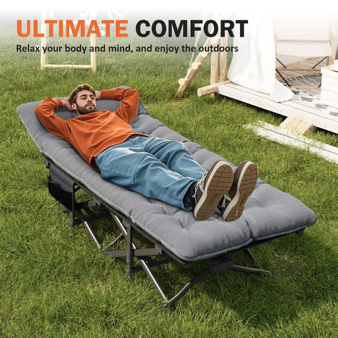 Man relaxing on Camping Cot With Cushioned Comfort For Adults on grass, showing portability and comfort features.