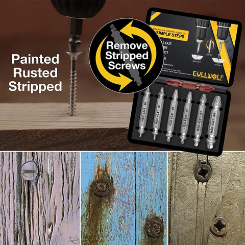 Damaged Screw Extractor Set For Stripped Screws And Bolts 6 Piece High Speed Steel Drill Bit Tools For No Sweat Removal Shown
