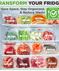 Refrigerator with Heavy Duty Commercial Grade Vacuum Sealer Bags 8X50 Rolls 2 Pack containing fruits, vegetables, meats.