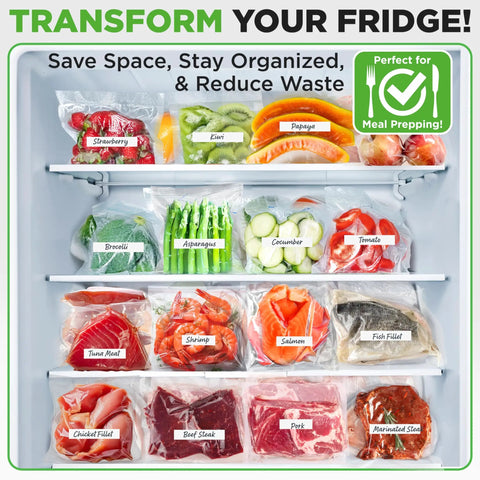 Refrigerator with Heavy Duty Commercial Grade Vacuum Sealer Bags 8X50 Rolls 2 Pack containing fruits, vegetables, meats.
