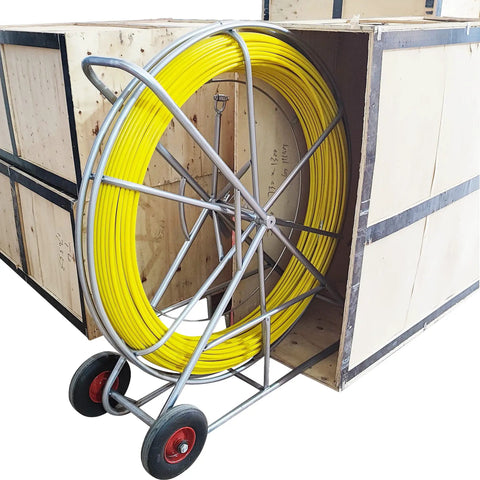 Heavy Duty Fiberglass Fish Tape Built Dang Solid For Hella Smooth Wire Routing And Conduit Pulling With Sturdy Wood Reel And Wheeled Cart 12mm 820Ft Length To Route Cables Anywhere Fast, yellow tape on metal cart.