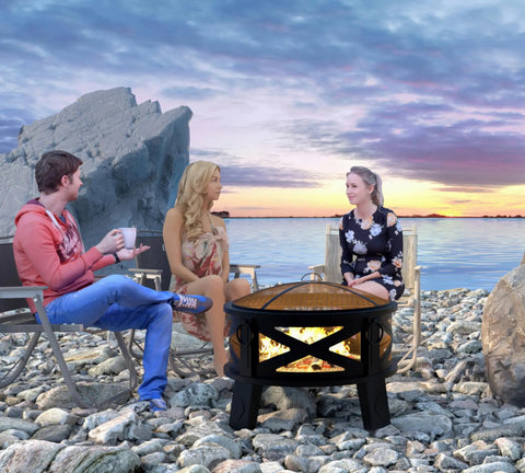 Heavy Duty Portable 26 Inch Steel Fire Pit With Grill Grate And Spark Screen, 360 Degree Airflow Boost For Less Smoke, beach use