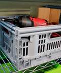 Must-Have Collapsible Utility Crates Set Of 3 Grey 15.8L Stackable Folding Storage Bins with tools on a shelf