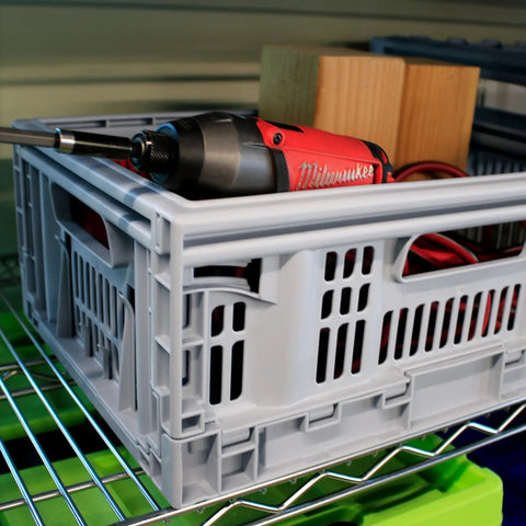 Must-Have Collapsible Utility Crates Set Of 3 Grey 15.8L Stackable Folding Storage Bins with tools on a shelf