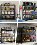 Built Like A Tank Heavy Duty Adjustable Steel Shelving Rack For Garage Or Warehouse Storage With Zero Hassle Setup And Rock Solid Frame 69By71 Inches 5000 Lbs Capacity Black Finish arranged in various settings.