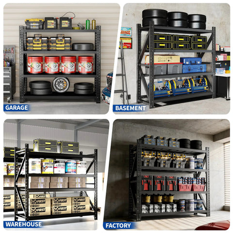 Built Like A Tank Heavy Duty Adjustable Steel Shelving Rack For Garage Or Warehouse Storage With Zero Hassle Setup And Rock Solid Frame 69By71 Inches 5000 Lbs Capacity Black Finish arranged in various settings.