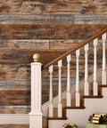 Brown Wood Look Peel And Stick Wallpaper for walls. Realistic vintage texture behind staircase, self-adhesive, waterproof PVC.