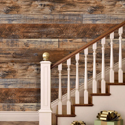 Brown Wood Peel And Stick Wallpaper Vinyl Shiplap Self Adhesive Covering for walls shown on staircase landing.