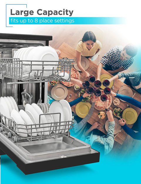 Large capacity of Solid 18 Inch Portable Dishwasher On Wheels And Energy Star Efficient 8 Place Setting Countertop Machine with dishes.