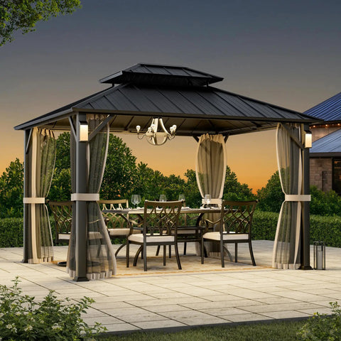 Grill-Ready Outdoor Gazebo 10 By 12 Ft Hardtop With Double Roof, 4 LED Lights, Mosquito Netting on patio, evening setting