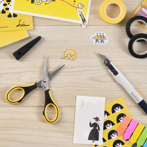 Ultra Sharp Precision Craft Scissors With Stainless Steel Blades And Safety Cap Micro Tip For Fine Paper Crafting Scrapbooking School Projects Home And Office Use Non Slip TPR Handles For Easy Grip Kid Friendly And Comfortable Everyday DIY, black and yellow