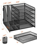 Dimensions of five tier desk organizer with file holder and drawer, mesh letter tray office organizer with pen holders and magazine holder