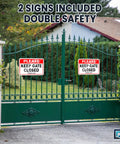 Two Pack Keep Gate Closed Signs, 7 By 10 Inch Reflective Aluminum Gate Signs on outdoor fence, green wrought iron gate.
