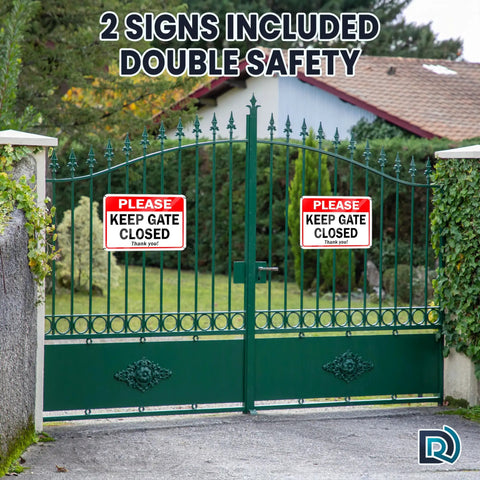 Two Pack Keep Gate Closed Signs, 7 By 10 Inch Reflective Aluminum Gate Signs on outdoor fence, green wrought iron gate.