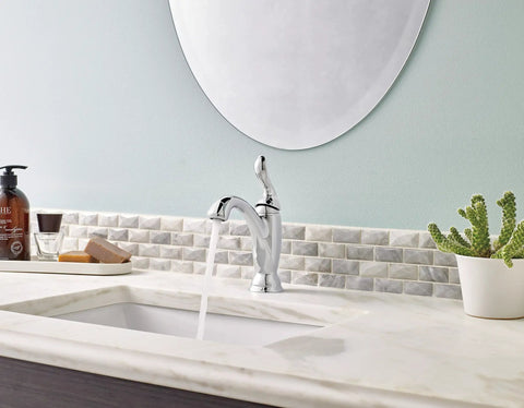 Single Hole Bathroom Faucet With Single Handle Diamond Seal Technology For Fewer Leaks Lifetime Limited Warranty Two Times Longer Lasting InnoFlex PEX Supply Lines Included Easy Install And Modern Look in bathroom setting