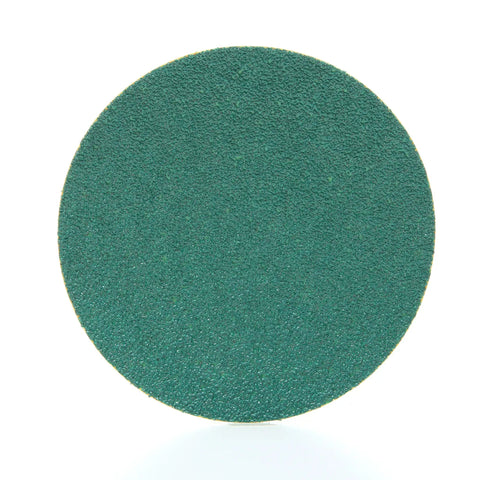 Close-up of Green Corps Hookit Sanding Discs No Hole 5 Inch 40 Plus Grit Pack of 100 for Coating Removal Auto Body Metal Surfaces.