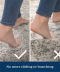 Comparison of foot on rug with Rug Gripper Pad For Hardwood Or Tile Floors 2x3 Ft Thick Non Slip Under Rug Mat and without.