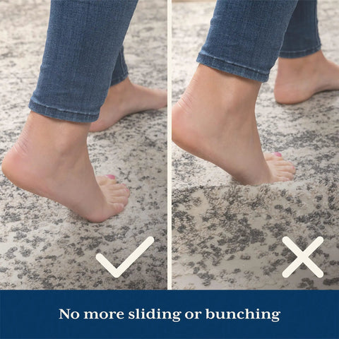 Comparison of foot on rug with Rug Gripper Pad For Hardwood Or Tile Floors 2x3 Ft Thick Non Slip Under Rug Mat and without.
