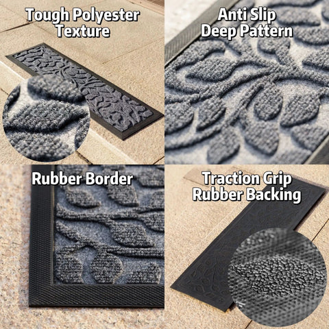 Non Slip Outdoor Stair Treads 6 Pack 8.5 By 30 Inches With Heat Insulation Rubber Backing For Wooden Steps Gray Floral Stair Runner Rug Indoor Outdoor Grip Mat For Elders And Dogs Farmhouse Safe Staircase showing texture and rubber backing.