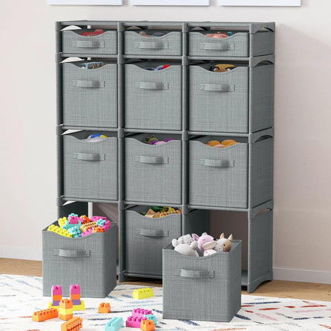 Must Have 12 Cube Storage Organizer With Bins Included For Toy Organization Closet And Clothes All In One Grey Cube System 36 Inch High Cabinet With 9 Large Cubes And 3 Small Cubes Easy Assembly shown with colorful toys