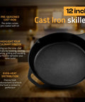 12 Inch Cast Iron Skillet Preseasoned PFAS Free Chef Pan on wooden surface, showing even heat distribution quality