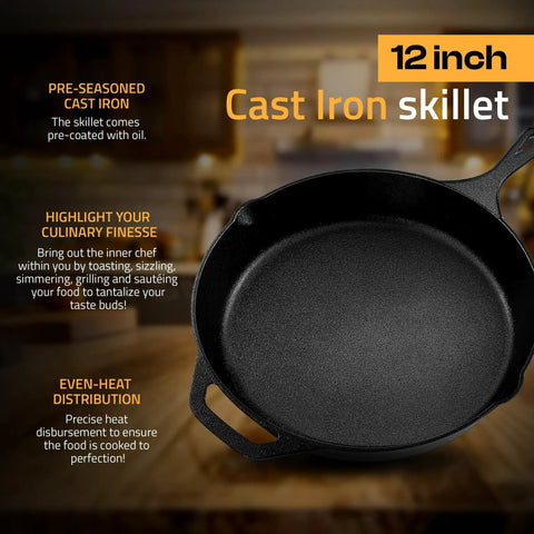 12 Inch Cast Iron Skillet Preseasoned PFAS Free Chef Pan on wooden surface, showing even heat distribution quality
