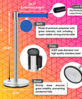Heavy Duty Crowd Control Stanchions With 6.5 Foot Retractable Belts, Stainless Steel Posts In Silver With Blue Belts, features labeled