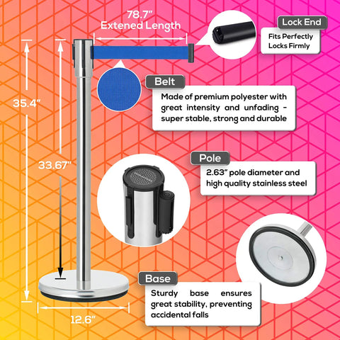 Heavy Duty Crowd Control Stanchions With 6.5 Foot Retractable Belts, Stainless Steel Posts In Silver With Blue Belts, features labeled