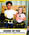 Two children wearing Junior Tool Belt Set For Kids Ages 5 And Up With Realistic Play Tools And Tough High Strength Fabric In Mixed Colors