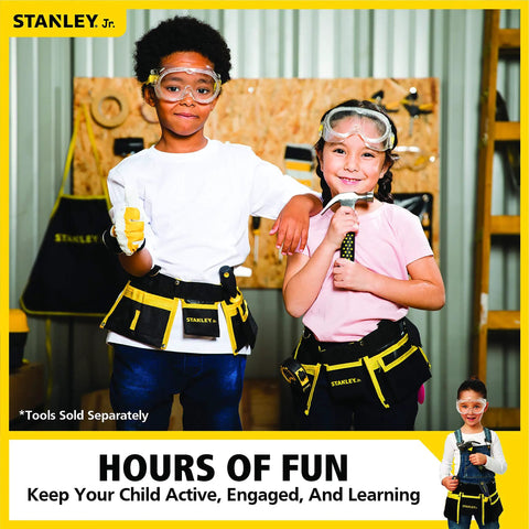 Two children wearing Junior Tool Belt Set For Kids Ages 5 And Up With Realistic Play Tools And Tough High Strength Fabric In Mixed Colors