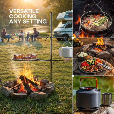 Swivel Campfire Grill Heavy Duty Fire Pit Grate 360 Degree Adjustable Steel Cooking Rack for Open Fire Portable Outdoor BBQ