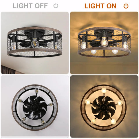 20 Inch Flush Mount Caged Ceiling Fan With Lights Remote Control Vintage Rustic Farmhouse Style Low Profile Enclosed Fixture with light on and off