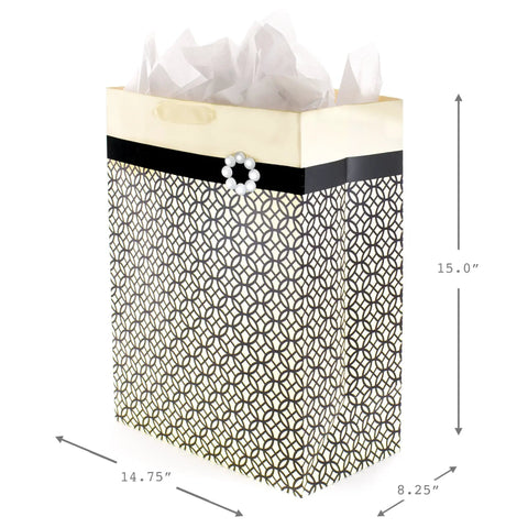 Mega Gift Bag With Tissue Paper In Black Ivory And Gold Endless Circles For Weddings And Showers, Large 14.75x20x8.25 inches