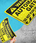 Heavy Duty No Sweat Automatic Gate Warning Sign 8X12 Inches Rust Proof Aluminum showing rain-resistant and flexible material.